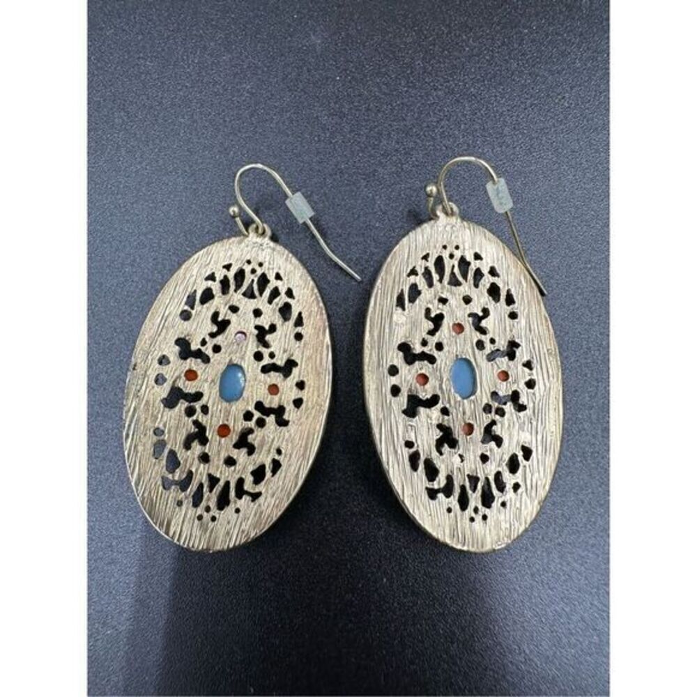 Beautiful boho artisan-look dangle earrings- blue/ coral in gold tone filigree - Picture 3 of 10